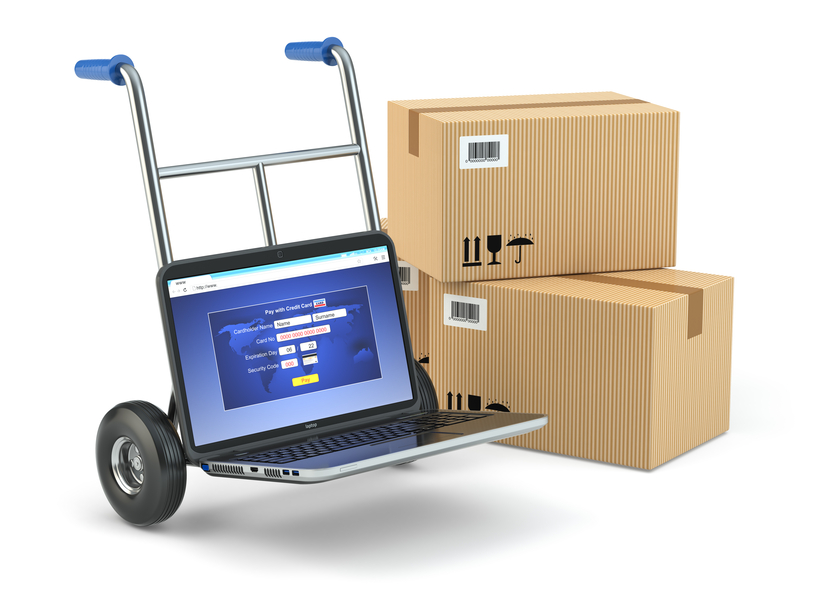 Online delivery concept. Laptop as hand truck and boxes.